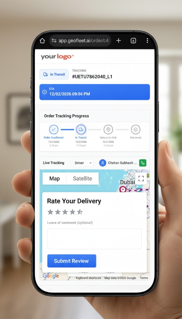 Branded tracking page — your logo, status, ETA, progress timeline & live map