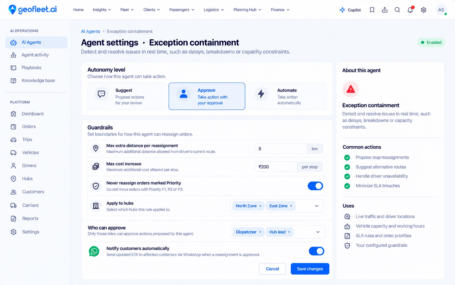 Agent settings for Exception containment: autonomy set to Approve, with guardrails for extra distance, cost, priority orders and hubs