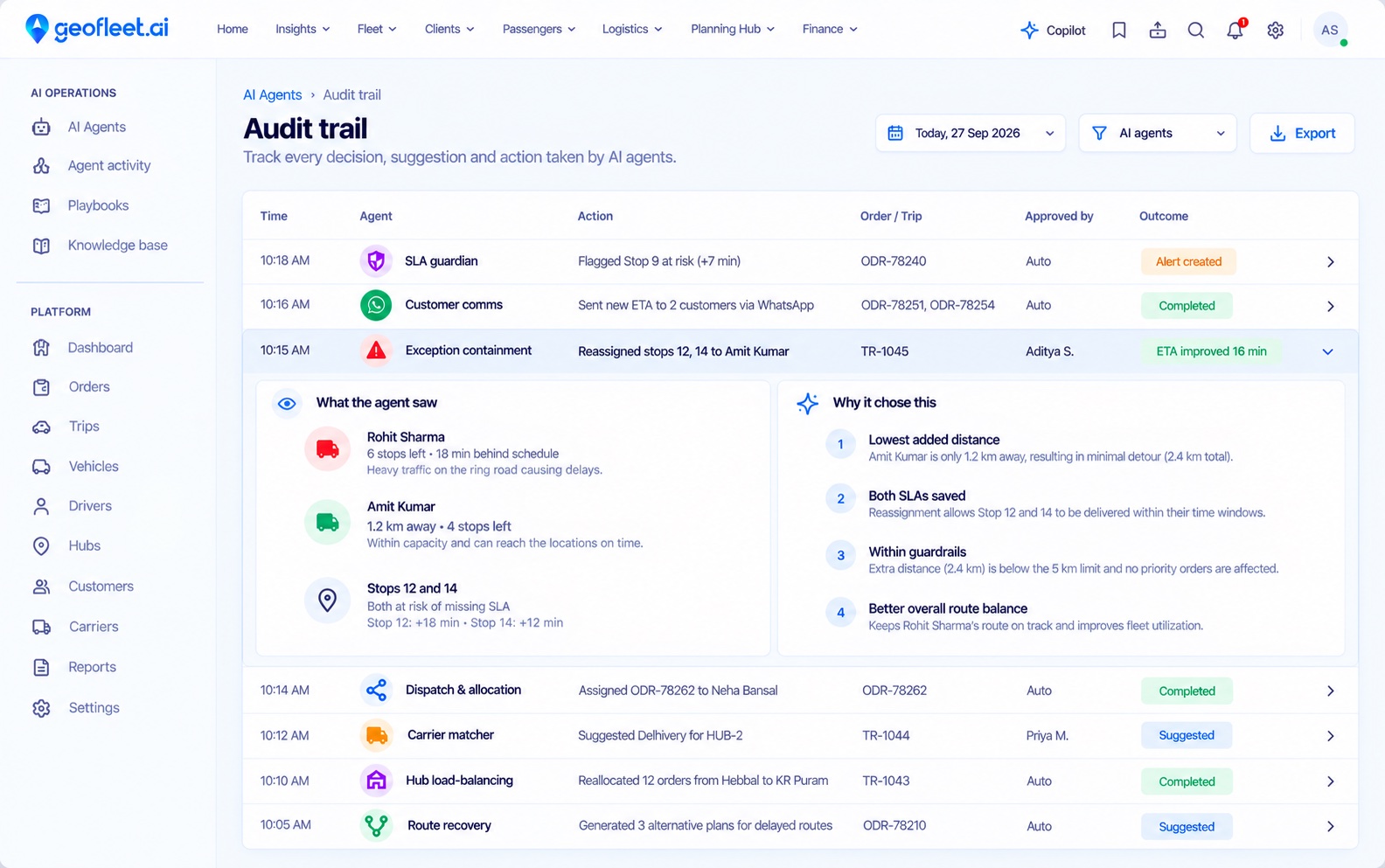 Audit trail of AI agent actions, with one reassignment expanded to show what the agent saw and why it chose the action