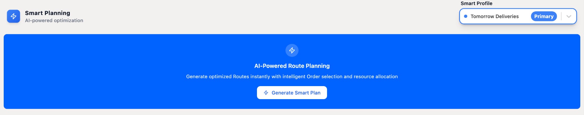 Smart Planning screen in Geofleet with the Tomorrow Deliveries planning profile selected and a Generate Smart Plan button