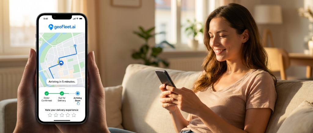 A customer following a live Geofleet delivery tracking link on their phone
