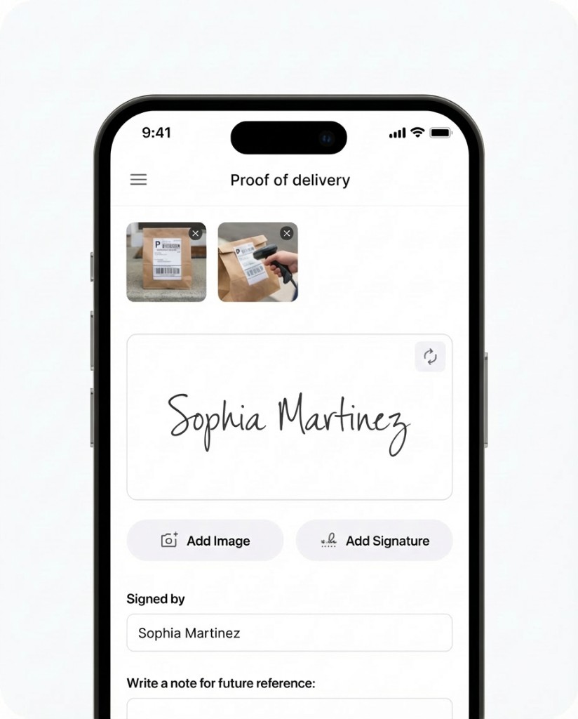 Customer signature and notes — signed by, optional note for future reference