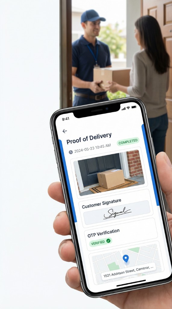 Proof of Delivery — completed delivery with photo, signature & OTP verification